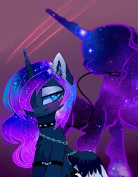 Size: 1600x2037 | Tagged: suggestive, artist:magnaluna, derpibooru import, princess luna, tantabus, alicorn, pony, g4, blushing, bondage, chains, chest fluff, collar, colored wings, colored wingtips, cuffs, duo, ear fluff, ethereal mane, eyeshadow, female, femsub, hair over one eye, horn, image, jpeg, leash, lunabus, lunasub, makeup, mare, multicolored wings, shipping, slit pupils, spiked collar, submissive, wings