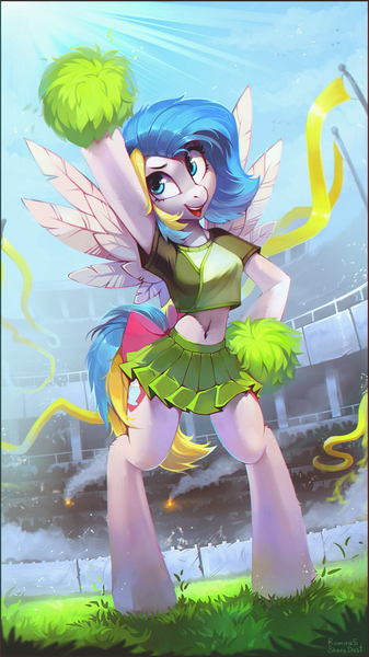 Size: 1685x3000 | Tagged: safe, artist:ramiras, artist:share dast, derpibooru import, oc, oc:teacup cake, unofficial characters only, anthro, pegasus, pony, semi-anthro, unguligrade anthro, anthro oc, belly, belly button, bow, breasts, cheering, cheerleader, cheerleader outfit, clothes, commission, crowd, cute, day, daytime, detailed background, explicit source, fans, female, freckles, grass, high res, image, mare, midriff, open mouth, open smile, outdoors, pegasus oc, pleated skirt, png, pom pom, shirt, short shirt, skirt, smiling, soccer field, solo, spread wings, stadium, t-shirt, tail, tail bow, wide hips, wings