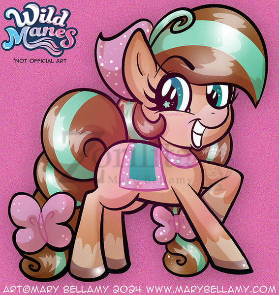 Size: 600x635 | Tagged: safe, artist:marybellamy, derpibooru import, ponified, pony, bandana, bow, braid, chibi, chocolate, cocoa (wild manes), food, hot chocolate, image, jpeg, obtrusive watermark, pink, saddle, striped mane, tack, watermark, wild manes