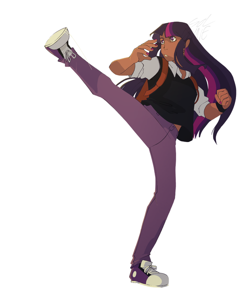 Size: 1061x1280 | Tagged: source needed, safe, artist:winekqknw, derpibooru import, twilight sparkle, human, action pose, backpack, blackwashing, clothes, dark skin, female, fist, high kick, humanized, image, kick, png, shoes, simple background, solo, white background