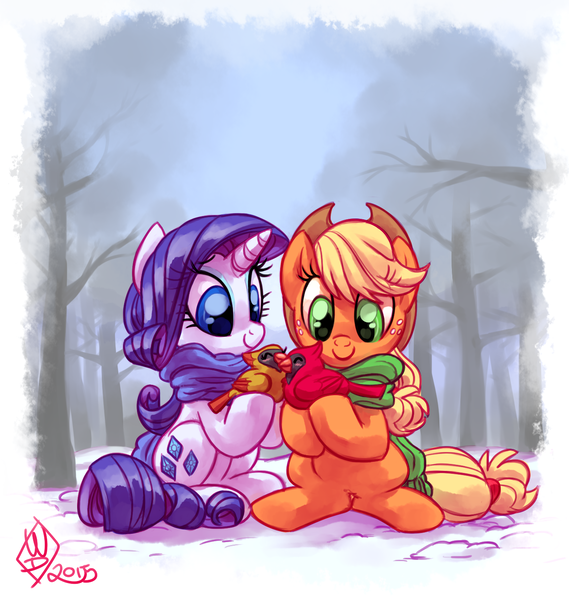 Size: 1375x1450 | Tagged: safe, artist:whitediamonds, derpibooru import, applejack, rarity, bird, cardinal, earth pony, pony, unicorn, g4, applejack's hat, clothes, cowboy hat, cute, duo, duo female, female, forest, freckles, hat, horn, image, jackabetes, lesbian, looking at something, mare, nature, outdoors, png, raribetes, rarijack, rarijack daily, scarf, scenery, shipper on deck, shipping, signature, sitting, smiling, snow, tail, tree, winter