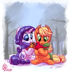 Size: 1375x1450 | Tagged: safe, artist:whitediamonds, derpibooru import, applejack, rarity, bird, earth pony, pony, unicorn, g4, applejack's hat, clothes, cowboy hat, cute, duo, duo female, female, forest, freckles, hat, horn, image, jackabetes, lesbian, looking at something, mare, nature, outdoors, png, raribetes, rarijack, rarijack daily, scarf, shipping, signature, sitting, smiling, snow, tail, tree, winter