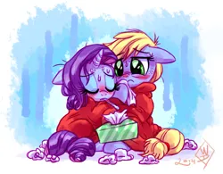 Size: 1375x1075 | Tagged: safe, artist:whitediamonds, derpibooru import, applejack, rarity, earth pony, pony, unicorn, g4, three's a crowd, blanket, blue flu, blushing, duo, duo female, eyebrows, eyebrows visible through hair, eyes closed, eyeshadow, female, floppy ears, freckles, hatless, horn, image, lesbian, makeup, mare, missing accessory, png, rarijack, rarijack daily, shipping, sick, signature, sitting, sweat, sweatdrop, tail, thermometer, tissue, tissue box