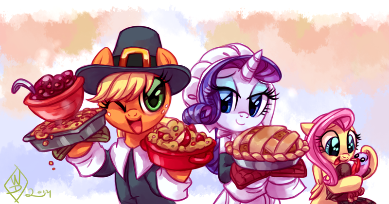 Size: 1660x870 | Tagged: safe, artist:whitediamonds, derpibooru import, applejack, fluttershy, rarity, bird, earth pony, pegasus, pony, turkey, unicorn, g4, apple, apple pie, bonnet, clothes, eyeshadow, female, folded wings, food, freckles, hat, holiday, horn, image, lesbian, looking at something, looking at you, makeup, mare, one eye closed, open mouth, open smile, pie, pilgrim hat, pilgrim outfit, png, rarijack, rarijack daily, shipping, signature, smiling, smiling at you, thanksgiving, trio, trio female, wings, wink, winking at you