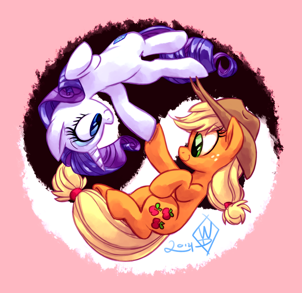 Size: 1700x1650 | Tagged: safe, artist:whitediamonds, derpibooru import, applejack, rarity, earth pony, pony, unicorn, g4, applejack's hat, cowboy hat, duo, duo female, eyebrows, eyebrows visible through hair, eyeshadow, female, freckles, hat, hoofbump, horn, image, lesbian, looking at each other, looking at someone, makeup, mare, png, rarijack, rarijack daily, shipping, signature, smiling, smiling at each other, tail, yin-yang