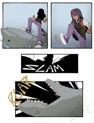 Size: 985x1280 | Tagged: source needed, safe, artist:winekqknw, derpibooru import, twilight sparkle, human, shark, angry, clothes, comic, dark skin, female, fight, fist, humanized, image, pain, png, roar, shoes, stomp