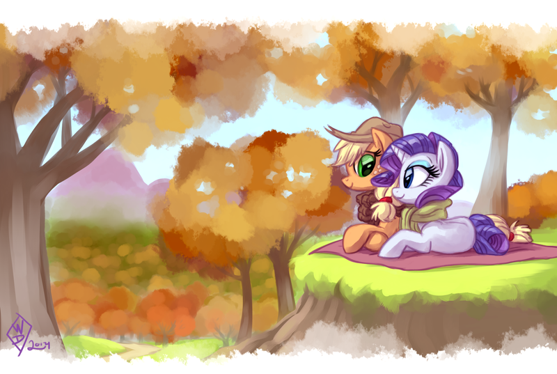 Size: 1900x1275 | Tagged: safe, artist:whitediamonds, derpibooru import, applejack, rarity, earth pony, pony, unicorn, g4, applejack's hat, autumn, blanket, clothes, cowboy hat, duo, duo female, eyeshadow, female, forest, freckles, hat, horn, image, lesbian, looking at each other, looking at someone, lying down, makeup, mare, nature, outdoors, png, prone, rarijack, rarijack daily, scarf, shipping, signature, smiling, smiling at each other, tail, tree