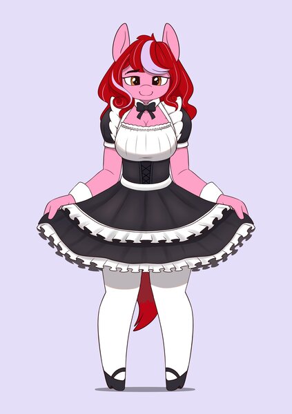 Size: 2890x4096 | Tagged: safe, artist:zeroonesunray, derpibooru import, oc, oc:lunatia elsa, unofficial characters only, anthro, unguligrade anthro, anatomically incorrect, clothes, female, image, incorrect leg anatomy, jpeg, maid, simple background