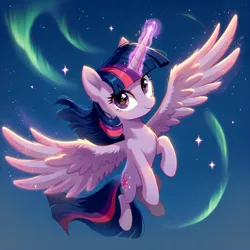 Size: 1616x1616 | Tagged: safe, ai content, derpibooru import, generator:bluefox mix, machine learning generated, prompter:adorablebluefox, stable diffusion, twilight sparkle, twilight sparkle (alicorn), alicorn, pony, g4, aurora borealis, female, flying, glow, glowing horn, horn, image, looking at you, magic, mare, png, solo, spread wings, wing fluff, wings