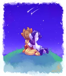 Size: 1650x1900 | Tagged: safe, artist:whitediamonds, derpibooru import, applejack, rarity, earth pony, pony, unicorn, g4, applejack's hat, cowboy hat, duo, duo female, female, grass, hat, horn, image, lesbian, mare, night, night sky, outdoors, png, rarijack, rarijack daily, rear view, shipping, shooting star, signature, sitting, sky, stars, tail, underhoof