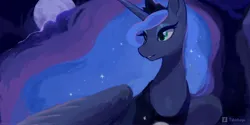 Size: 3000x1500 | Tagged: safe, artist:tabithaqu, derpibooru import, princess luna, alicorn, pony, ethereal mane, female, image, jewelry, jpeg, large wings, lineless, looking to side, mare, moon, painterly, peytral, signature, solo, spread wings, tiara, wings