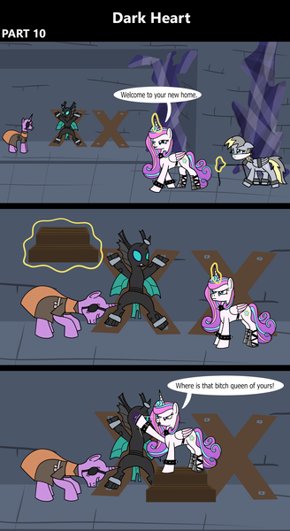 Size: 1920x3516 | Tagged: semi-grimdark, artist:platinumdrop, derpibooru import, derpy hooves, princess flurry heart, oc, alicorn, changeling, pegasus, pony, unicorn, comic:dark heart, g4, 3 panel comic, abuse, alternate timeline, angry, beaten up, black eye, bondage, bondage cross, bondage cuffs, bondage furniture, bondage gear, bound, bound wings, bound wrists, bracelet, bruised, chains, cloth gag, clothes, collar, comic, commission, crying, crystal, crystal castle, crystal empire, cuffed, cuffs, dark crystal, derpybuse, devious smile, dialogue, dungeon, evil, evil flurry heart, evil grin, eye scar, eyepatch, eyes closed, facial scar, fear, female, flurry heart is amused, folded wings, gag, glow, glowing horn, grin, guard, helpless, hitting, horn, horn ring, image, indoors, jewelry, looking at each other, looking at someone, magic, magic aura, magic suppression, male, mare, nuzzling, older, older derpy hooves, older flurry heart, over the nose gag, pain, png, prisoner, punch, punishment, restrained, ring, robe, sad, scar, scared, shackles, slave, slave collar, smack, smiling, smug, speech bubble, spiked collar, spiked wristband, spread eagle, spread legs, spreading, stallion, stern, tears of fear, tears of sadness, teary eyes, this will not end well, victorious villain, violence, walking, wall of tags, wing cuffs, wings, wristband, yelling