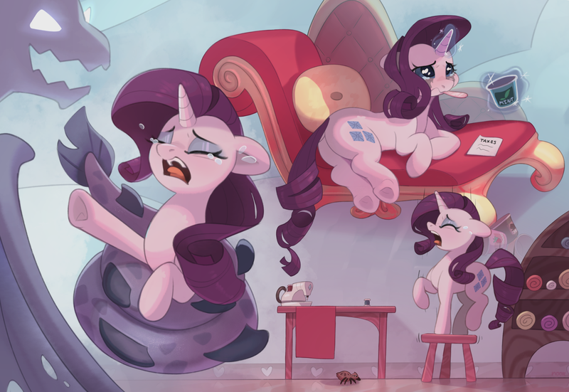 Size: 4082x2812 | Tagged: safe, artist:nookprint, derpibooru import, rarity, dragon, pony, spider, unicorn, g4, adorable distress, butt, constriction, crying, cute, eating, eyes closed, fainting couch, female, food, horn, ice cream, image, magic, mare, marshmelodrama, open mouth, plot, png, raribetes, rarity being rarity, rearity, running mascara, screaming, sewing machine, stool, taxes, telekinesis