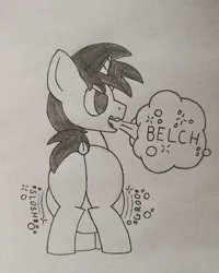 Size: 3323x4163 | Tagged: suggestive, artist:mint pill, derpibooru import, oc, oc:mint pill, unofficial characters only, pony, unicorn, ass, belly, burp, butt, fat, fat ass, horn, image, male, photo, png, solo, stallion, stomach noise, traditional art, vore