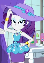 Size: 873x1242 | Tagged: safe, derpibooru import, screencap, rarity, human, camping must-haves, equestria girls, g4, spoiler:eqg series (season 2), cropped, female, geode of shielding, hat, image, jpeg, magical geodes, my little pony equestria girls: better together, solo