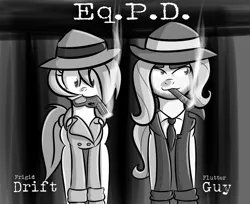 Size: 1280x1047 | Tagged: safe, artist:penguinpotential, derpibooru import, oc, oc:frigid drift, pony, ask frigid drift, cigar, duo, flutterguy, gun, handgun, hat, image, monochrome, mouth hold, png, revolver, weapon