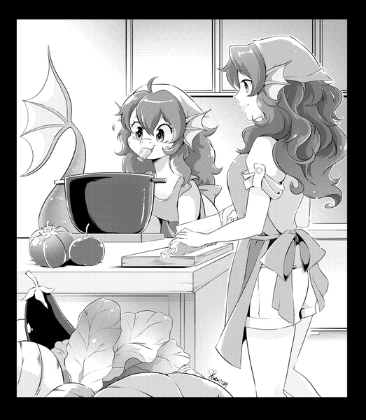 Size: 1596x1832 | Tagged: safe, artist:nekoshiei, derpibooru import, oc, oc:marina, unofficial characters only, human, merpony, original species, apron, clothes, commission, cooking, duo, duo female, female, grayscale, image, jpeg, monochrome, mouth hold