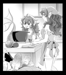 Size: 1596x1832 | Tagged: safe, artist:nekoshiei, derpibooru import, oc, oc:marina, unofficial characters only, human, merpony, original species, apron, clothes, commission, cooking, duo, duo female, female, grayscale, image, jpeg, monochrome, mouth hold