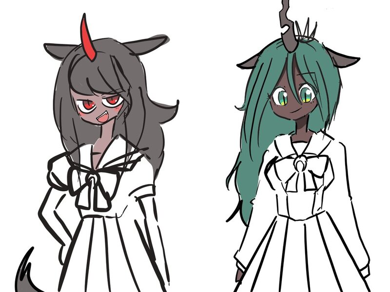 Size: 1024x768 | Tagged: safe, artist:motmool, derpibooru import, king sombra, queen chrysalis, human, anime, anime style, clothes, crossover, duo, duo female, eared humanization, female, humanized, image, jpeg, queen umbra, rule 63, school uniform, schoolgirl, simple background, tail, tailed humanization, tracen academy school uniform, uma musume pretty derby, white background