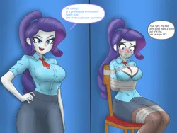 Size: 2880x2160 | Tagged: suggestive, artist:furgagtape, derpibooru import, rarity, human, equestria girls, g4, before and after, blushing, bondage, bound and gagged, bra, breasts, busty rarity, button-up shirt, chair, cleavage, clothes, dialogue, female, femsub, gag, image, necktie, office lady, open clothes, open shirt, pantyhose, pencil skirt, png, ponytail, rarisub, shirt, sitting, skirt, solo, submissive, talking, talking to viewer, tape, tape bondage, tape gag, text, tied to chair, underwear