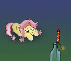 Size: 1472x1278 | Tagged: safe, artist:craftycirclepony, derpibooru import, oc, oc:crafty circles, unofficial characters only, pony, unicorn, bottle, bow, butt freckles, coat markings, colored belly, cowering, cute, female, filly, fireworks, floppy ears, foal, freckles, hair bow, horn, image, lying down, png, scared, socks (coat marking), solo, sparks, tail, tail bow, wavy mouth