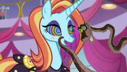 Size: 1280x720 | Tagged: safe, artist:scornedremnant, derpibooru import, edit, edited screencap, screencap, sassy saddles, pony, snake, unicorn, canterlot boutique, g4, blushing, clothes, coils, dress, eyeshadow, female, horn, hypno eyes, hypnosis, hypnotized, image, kaa, kaa eyes, lidded eyes, looking at each other, looking at someone, makeup, male, mare, open mouth, open smile, png, sassabetes, smiling, smiling at each other, snake tail, tail