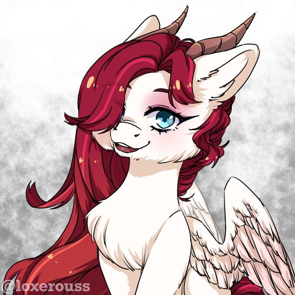 Size: 768x768 | Tagged: safe, artist:illustra, derpibooru import, oc, unofficial characters only, bicorn, bust, chest fluff, ear fluff, eyebrows, eyebrows visible through hair, gray background, horn, image, jpeg, looking at you, multiple horns, muzzle fluff, open mouth, portrait, simple background, smiling, spread wings, wings