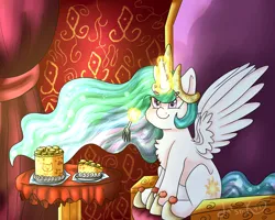 Size: 5000x4000 | Tagged: safe, artist:deadsmoke, derpibooru import, princess celestia, alicorn, pony, banana, cake, castle, chest fluff, chibi, crown, curtains, cute, fancy, female, food, fork, horseshoes, image, jewelry, long mane, magic, mare, morning, png, princess, regalia, shiny, sitting, sitting on pillow, smiling, smol, solo, spread wings, table, telekinesis, throne, throne room, wings