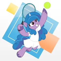 Size: 5000x5000 | Tagged: safe, artist:jhayarr23, derpibooru import, izzy moonbow, pony, unicorn, g4, g5, abstract background, ball, clothes, commission, commissioner:raritybro, female, g5 to g4, generation leap, horn, image, mare, png, smiling, solo, sports, tennis, tennis ball, tennis racket, ych result