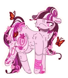 Size: 1714x1947 | Tagged: safe, artist:tottallytoby, derpibooru import, oc, oc:vectora flourish, unofficial characters only, butterfly, earth pony, insect, pony, artfight, bandage, bandaged leg, belly fluff, butt fluff, coat markings, colored pinnae, earth pony oc, eye clipping through hair, eyelashes, female, floppy ears, fluffy, gift art, hair bun, hock fluff, image, leg fluff, leg markings, lidded eyes, long mane, long tail, looking at something, mare, mare oc, monarch butterfly, multicolored mane, multicolored tail, neck fluff, no mouth, one eye, outline, pink coat, pink eyes, pink mane, pink tail, png, raised leg, shoulder fluff, simple background, solo, standing, swirls, swirly markings, tail, tied mane, transparent background, wavy mane, wavy tail, white pupils