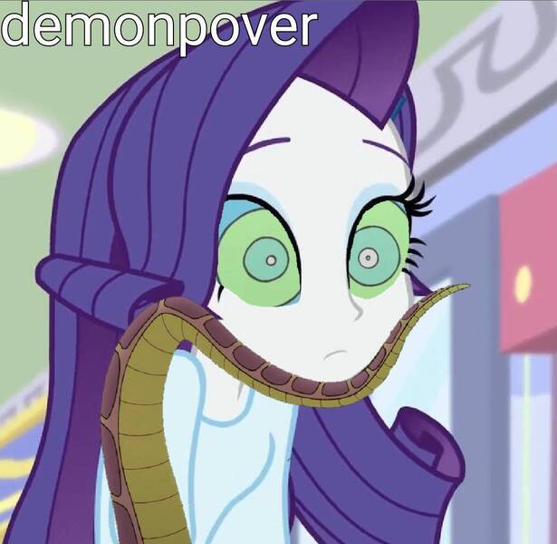 Size: 1079x1052 | Tagged: safe, artist:demonpover, derpibooru import, edit, edited screencap, screencap, rarity, human, snake, equestria girls, g4, coils, female, hypno eyes, hypnority, hypnosis, hypnotized, image, jpeg, kaa, kaa eyes, snake tail, tail