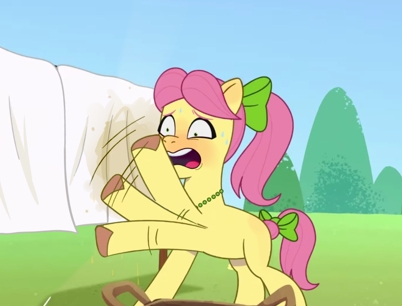 Size: 1084x826 | Tagged: questionable, derpibooru import, edit, edited screencap, screencap, posey (g5), g5, my little pony: tell your tale, basket, clothes line, image, png, posey blooms, posey can't catch a break, solo, sunny's smoothie moves, urine