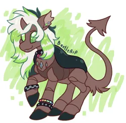 Size: 1772x1724 | Tagged: safe, artist:bishopony, derpibooru import, oc, oc:caterpillar, unofficial characters only, changedling, changeling, 2022, abstract background, artfight, black hooves, bracelet, brown tail, carapace, changedling oc, changeling oc, choker, colored hooves, colored pinnae, colored sclera, coontails, curved horn, dyed mane, ear piercing, earring, female, gay pride flag, gift art, green eyes, green sclera, hooves, horn, image, jewelry, kandi, lip piercing, long mane, long tail, multicolored mane, necklace, old art, piercing, png, pride, pride flag, raised hoof, signature, small horn, smiling, snake bites, solo, spiked choker, spiky tail, standing, tail, tri-color mane, tri-colored mane, tricolor mane, tricolored mane, two toned background, white mane