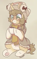 Size: 1382x2175 | Tagged: safe, artist:bishopony, derpibooru import, oc, oc:aiko, unofficial characters only, pony, unicorn, 2022, artfight, big eyes, blushing, brown coat, brown mane, brown tail, clothes, coat, coat markings, coffee mug, colored muzzle, earmuffs, female, gift art, gray background, hoof fluff, hoof hold, horn, image, looking at something, mare, mare oc, mug, old art, png, ponytail, scarf, shiny mane, shiny tail, short mane, short tail, signature, simple background, sitting, smiling, socks (coat marking), solo, tail, tan coat, tied mane, two toned eyes, unicorn oc, white pupils
