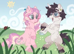 Size: 2469x1800 | Tagged: safe, artist:bishopony, derpibooru import, oc, oc:doodlebug, oc:milkweed, unofficial characters only, earth pony, insect, ladybug, pony, unicorn, 2022, artfight, big eyes, blue eyes, blue pupils, blue sclera, blush scribble, blushing, cloven hooves, coat markings, colored eyebrows, colored hooves, colored pupils, colored sclera, curly mane, curly tail, detailed background, duo, ear piercing, earring, earth pony oc, eyebrow slit, eyebrows, eyelashes, facial markings, fetlock tuft, gift art, glasses, grass, grass field, gray coat, hooves, horn, image, jewelry, jpeg, looking at something, mismatched hooves, multicolored hooves, multicolored mane, multicolored tail, noise, old art, open mouth, open smile, outdoors, piercing, pink coat, pink hooves, ponysona, purple hooves, purple mane, purple tail, raised hoof, shiny hooves, shiny mane, shiny tail, sitting, sky, smiling, socks (coat marking), spiky tail, splotches, square glasses, sun, tail, texture, tri-color mane, tri-color tail, tri-colored mane, tri-colored tail, tricolor mane, tricolor tail, tricolored mane, tricolored tail, unicorn horn, unicorn oc, wall of tags, watermark