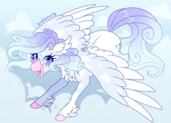 Size: 2780x2000 | Tagged: safe, artist:bishopony, derpibooru import, oc, oc:cloud jumper, hippogriff, hybrid, g4, 2023, artfight, beak, blue coat, blue eyelashes, blue eyes, blue mane, blue pupils, blue tail, blush scribble, blushing, chest fluff, cloud, coat markings, colored ears, colored eyelashes, colored hooves, colored pupils, colored wings, colored wingtips, cute, eyelashes, facial markings, feathered ears, feathered fetlocks, female, fetlock tuft, flying, freckles, gift art, gradient mane, gradient tail, hippogriff oc, hooves, image, interspecies offspring, long eyelashes, looking back, magical lesbian spawn, next generation, ocbetes, offspring, old art, open beak, open mouth, open smile, outdoors, parent:pinkie pie, parent:princess skystar, parents:skypie, pink hooves, png, shiny hooves, signature, sky background, smiling, socks (coat marking), solo, splotches, spread wings, tail, thin legs, two toned wings, wavy mane, wavy tail, white wingtips, wings