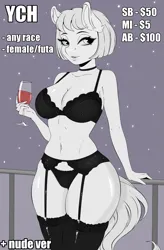 Size: 1669x2551 | Tagged: suggestive, artist:munrei, derpibooru import, oc, anthro, auction, auction open, clothes, commission, female, glass, image, png, simple background, sketch, socks, solo, stockings, thigh highs, underwear, wine glass, ych sketch, your character here