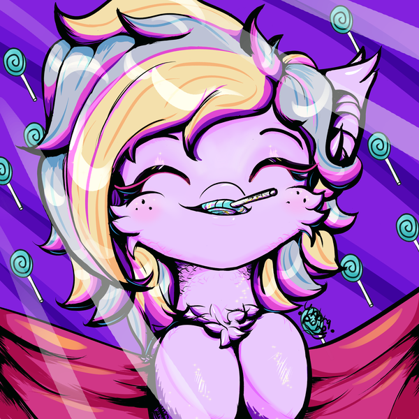 Size: 3000x3000 | Tagged: safe, artist:umbrapone, derpibooru import, oc, oc:bass-beat, unofficial characters only, earth pony, pony, :3, bliss, bust, candy, colorful, cute, cuteness overload, daaaaaaaaaaaw, eyes closed, female, food, happy, image, lollipop, multicolored mane, ocbetes, open mouth, png, shiny, shiny mane, shiny skin, solo, solo female, sparkles, umbrapone is trying to kill us