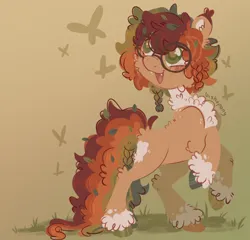 Size: 2182x2094 | Tagged: safe, artist:bishopony, derpibooru import, oc, oc:woodrow, unofficial characters only, butterfly, earth pony, insect, pony, 2023, abstract background, artfight, blank flank, blush scribble, blushing, braid, brown coat, brown pupils, butt fluff, cheek fluff, chest fluff, coat markings, colored chest fluff, colored ear tufts, colored eartips, colored fetlocks, colored pinnae, colored pupils, curly mane, curly tail, ear fluff, ear tufts, earth pony oc, fangs, fluffy, gift art, glasses, grass, green eyes, high res, hock fluff, image, leg fluff, long tail, looking at something, nonbinary oc, old art, open mouth, open smile, outdoors, png, ponysona, rearing, round glasses, short mane, smiling, solo, tail, unshorn fetlocks, wall of tags