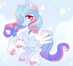 Size: 2739x2455 | Tagged: safe, artist:bishopony, derpibooru import, oc, oc:star bright, unofficial characters only, pegasus, pony, 2023, abstract background, ambiguous gender, artfight, blue coat, blue eyeshadow, blush scribble, blushing, bracelet, brown pupils, coat markings, colored eyelashes, colored hooves, colored pupils, colored wings, colored wingtips, curly mane, eyelashes, eyeshadow, gift art, gradient legs, hair over one eye, high res, hooves, image, jewelry, lidded eyes, long mane, long tail, makeup, old art, orange eyes, partially open wings, pegasus oc, pink hooves, png, raised hoof, raised hooves, rearing, red eyelashes, shiny hooves, shiny mane, shiny tail, signature, sky background, slender, socks (coat marking), solo, sparkly mane, sparkly tail, stars, tail, thin, thin legs, two toned mane, two toned tail, two toned wings, wall of tags, wavy mane, wavy tail, wings