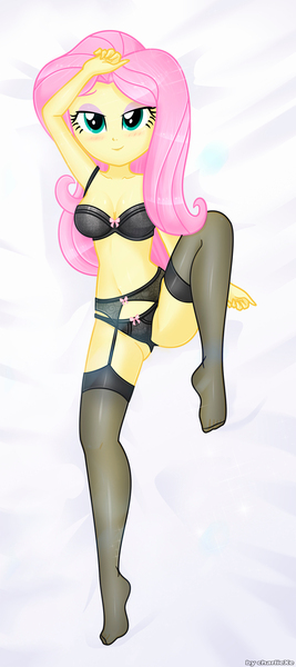 Size: 989x2225 | Tagged: suggestive, artist:charliexe, derpibooru import, fluttershy, human, equestria girls, g4, bedroom eyes, bedsheets, belly, belly button, black underwear, blushing, body pillow, body pillow design, bra, breasts, cleavage, clothes, concave belly, dakimakura cover, eyeshadow, feet, female, image, jpeg, lingerie, looking at you, makeup, midriff, nylon, panties, smiling, smiling at you, socks, solo, solo female, stockings, thigh highs, toes, underass, underwear