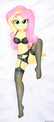 Size: 989x2225 | Tagged: suggestive, artist:charliexe, derpibooru import, fluttershy, human, equestria girls, g4, bedroom eyes, bedsheets, belly, belly button, black underwear, blushing, body pillow, body pillow design, bra, breasts, cleavage, clothes, concave belly, dakimakura cover, eyeshadow, feet, female, image, jpeg, lingerie, looking at you, makeup, midriff, nylon, panties, smiling, smiling at you, socks, solo, solo female, stockings, thigh highs, toes, underass, underwear