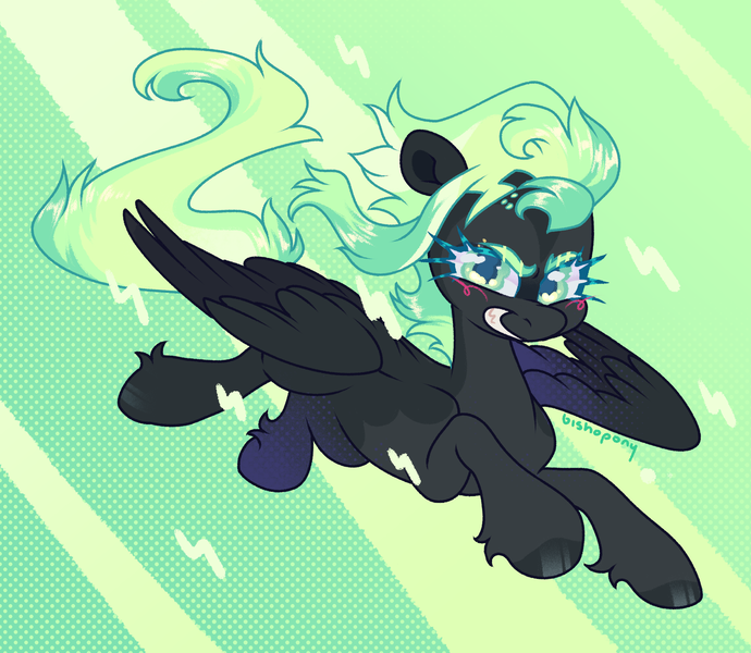 Size: 2300x2000 | Tagged: safe, artist:bishopony, derpibooru import, oc, oc:static sparks, unofficial characters only, pegasus, pony, abstract background, artfight, bald face, big hooves, black coat, black hooves, black wingtips, blaze (coat marking), blushing, coat markings, colored eyebrows, colored hooves, colored pinnae, colored pupils, colored wings, colored wingtips, dark coat, facial markings, fetlock tuft, flying, gift art, green eyes, green mane, green tail, halftone, high res, hooves, image, long mane, long tail, mint eyes, mint mane, mint tail, narrowed eyes, partially open wings, pegasus oc, png, screentone, sharp teeth, shiny eyebrows, shiny eyelashes, shiny hooves, signature, slender, solo, spiky mane, tail, teal eyelashes, teal pupils, teeth, thin, thin legs, three toned mane, three toned tail, tri-color mane, tri-color tail, tri-colored mane, tri-colored tail, tricolor mane, tricolor tail, tricolored mane, tricolored tail, two toned coat, two toned wings, wings, wonderbolt oc