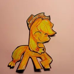 Size: 1572x1552 | Tagged: safe, artist:koidial, derpibooru import, applejack, earth pony, pony, g4, applejack's hat, blushing, cowboy hat, craft, eyes closed, female, hat, image, jpeg, mare, mixed media, papercraft, photo, ponytail, raised hoof, shadow, smiling, solo, standing, standing on three hooves, stetson, tail, tied mane, tied tail, traditional art, yellow mane, yellow tail