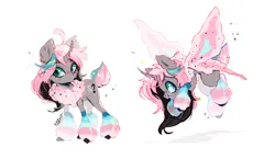 Size: 2965x1718 | Tagged: safe, artist:kraytt-05, derpibooru import, oc, oc:cotton foam, unofficial characters only, changepony, hybrid, pony, butterfly wings, curved horn, female, flying, grin, high res, horn, image, interspecies offspring, magical lesbian spawn, mare, offspring, open mouth, parent:oc:fluffle puff, parent:queen chrysalis, parents:canon x oc, parents:chrysipuff, png, simple background, smiling, solo, white background, wings