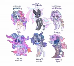 Size: 2016x1818 | Tagged: safe, artist:cutesykill, derpibooru import, oc, oc:bubblebite, oc:kalyna, oc:luleya, oc:princess marshmallow, oc:shokoshu, oc:toothpaste (cutesykill), unofficial characters only, alicorn, goo, monster pony, pony, sea pony, undead, unicorn, alicorn oc, bald face, bandage, bandaged body, bandaged leg, bandaged neck, bangs, beanbrows, beauty mark, big bow, big ears, big eyes, big mane, big tail, blank flank, blaze (coat marking), blood, bloody knife, blue eyes, blue sclera, blue teeth, bow, coat markings, colored belly, colored eyebrows, colored eyelashes, colored fetlocks, colored horn, colored pinnae, colored pupils, colored sclera, colored teeth, concave belly, crown, decapitated, decora, detached head, ear piercing, earring, eyebrows, eyes do not belong there, facial markings, fin fetlocks, fins, fish tail, floating head, flower, flower in hair, flower in tail, flowing mane, flowing tail, folded wings, freckles, frown, gray coat, hair accessory, hair bow, hair bun, hairclip, horn, image, jewelry, jpeg, knife, lidded eyes, long legs, long mane, long mane male, long tail, looking away, male, mane accessory, mare oc, mouth hold, multicolored mane, multicolored tail, multiple eyes, narrowed eyes, neck bow, orange coat, pale belly, partially open wings, piercing, pigtails, pink bow, pink eyes, pink mane, pink tail, plushie, purple bow, purple coat, purple eyelashes, purple eyes, purple pupils, purple teeth, reference sheet, regalia, ringlets, sharp teeth, simple background, slender, slit pupils, small horn, smiling, socks (coat marking), spiky mane, spiky tail, stallion, stallion oc, standing, striped, striped coat, striped mane, striped tail, stripes, tail, tail bow, tail clip, tail fin, tall ears, teeth, tentacle hair, tentacle mane, text, thick eyelashes, thin, thin legs, three toned mane, three toned tail, tiara, tri-color mane, tri-color tail, tri-colored mane, tri-colored tail, tricolor mane, tricolor tail, tricolored mane, tricolored tail, twintails, two toned eyes, two toned mane, two toned tail, unicorn horn, unicorn oc, unusual pupils, white background, white coat, wings