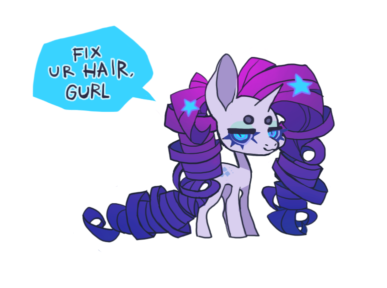 Size: 774x577 | Tagged: safe, artist:cutesykill, derpibooru import, rarity, pony, unicorn, g4, alternate eye color, beanbrows, big ears, big head, blue eyes, chibi, colored eyebrows, colored pinnae, colored sclera, concave belly, curly mane, dialogue, evil rarity, eyebrows, eyeshadow, female, gradient mane, hair accessory, hairclip, horn, image, impossibly long mane, lidded eyes, long legs, long mane, looking at you, makeup, mane accessory, mare, mint eyeshadow, narrowed eyes, no tail, png, purple mane, purple sclera, ringlets, slender, slit pupils, smiling, smiling at you, solo, speech bubble, standing, tail accessory, talking, talking to viewer, tall ears, text, thick eyelashes, thin, thin legs, two toned eyes, white coat