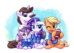 Size: 2000x1450 | Tagged: safe, artist:whitediamonds, derpibooru import, applejack, hondo flanks, rarity, sweetie belle, earth pony, pony, unicorn, g4, american football, belle sisters, eyeshadow, father and child, father and daughter, female, filly, foal, freckles, group, hatless, horn, image, lesbian, looking at someone, makeup, male, mare, missing accessory, one eye closed, png, quartet, rarijack, rarijack daily, shipping, siblings, signature, sisters, sitting, smiling, sports, stallion, tail, unshorn fetlocks, wink