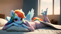 Size: 3480x1952 | Tagged: safe, ai content, derpibooru import, machine learning generated, prompter:nonezid, stable diffusion, anthro, pegasus, plantigrade anthro, pony, g4, bed, clothes, feet, female, generator:pony diffusion v6 xl, image, looking at you, lying down, mare, on bed, pajamas, pillow, png, smiling, solo, spread wings, window, wings