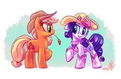 Size: 2100x1375 | Tagged: safe, artist:whitediamonds, derpibooru import, applejack, rarity, earth pony, pony, unicorn, g4, applejack's hat, clothes, cowboy hat, duo, duo female, eyebrows, eyebrows visible through hair, eyeshadow, female, floppy ears, freckles, grin, hat, horn, image, lesbian, looking at each other, looking at someone, makeup, mare, png, profile, raised hoof, rarijack, rarijack daily, rhinestone rarihick, shipping, side view, signature, smiling, smiling at each other, straw, straw in mouth, tail